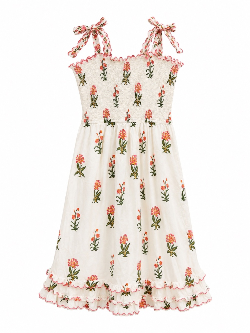 Smocked Cream Midi Dress with Pink Floral Print